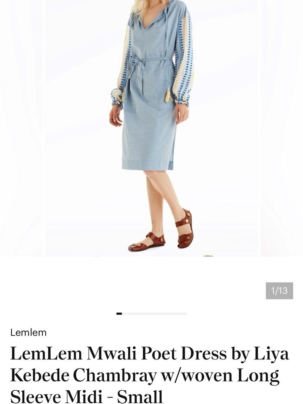 Lemlem Chambray Poet Dress with Embroidered Sleeves - Light Blue